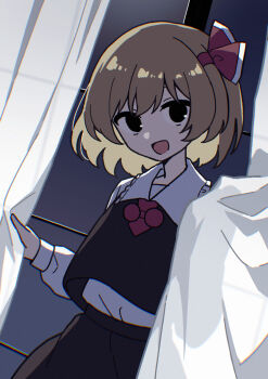 144udy 1girl absurdres black_eyes blonde_hair bow collared_shirt commentary_request curtains frilled_shirt_collar frills hair_bow highres long_sleeves rumia shirt shirt_tucked_in short_hair skirt skirt_set solo touhou window