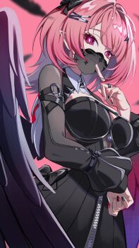 1girl absurdres black_bow black_dress black_feathers black_mask black_nails black_wings bow breasts closed_mouth commentary dress falling_feathers feathers fingernails hair_bow highres index_finger_raised jewelry kurenairan77 large_breasts looking_at_viewer mask medium_hair mouth_mask multicolored_nails pink_background pink_hair pink_nails pointy_ears purple_eyes purple_wings red_nails remielle_dan ring see-through_clothes see-through_mask simple_background smile solo untranslatable_commentary upper_body wings zenless_zone_zero