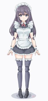 1girl absurdres android apron black_eyes black_hair breasts commentary_request doll_joints full_body highres joints long_hair looking_at_viewer maid maid_apron maid_headdress mechabare mechanical_arms mechanical_legs original rasen_manga robot_girl standing thighhighs