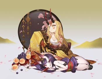 2girls :< :p banana bare_shoulders blonde_hair breasts cherry_blossoms cleavage colored_skin commentary_request detached_sleeves dot_nose fate/grand_order fate_(series) food fruit grapes gwayo horns ibaraki_douji_(fate) japanese_clothes long_sleeves looking_at_viewer medium_breasts multiple_girls oni pointy_ears purple_eyes purple_hair shuten_douji_(fate) skin-covered_horns smile thick_thighs thighs tongue tongue_out yellow_eyes