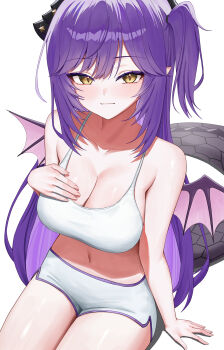 1girl absurdres bare_shoulders breasts camisole cleavage closed_mouth crop_top dolphin_shorts dragon_tail dragon_wings hand_on_own_chest hashtag-only_commentary highres large_breasts long_hair looking_at_viewer midriff navel one_side_up pointy_ears poppo_myupunk98 purple_hair sakihane_huya shirt short_shorts shorts simple_background sitting sleeveless sleeveless_shirt smile solo spaghetti_strap stellive stomach tail thighs very_long_hair virtual_youtuber white_background white_shirt white_shorts wings yellow_eyes