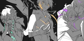 2boys 2girls black_background blunt_bangs braid closed_eyes commentary crying english_commentary feathered_wings floating flower flower_ornament bad_tag from_side genshin_impact glowing glowing_hair gradient_hair hair_between_eyes hair_flower hair_ornament heads_together highres hood hood_down hug japanese_clothes kimono leaning_back leaning_forward leaning_on_person long_hair long_sleeves makoto_(genshin_impact) monochrome multicolored_hair multiple_boys multiple_girls official_alternate_costume open_mouth oyakorodesu parted_lips partially_colored raiden_shogun sad sash shade short_hair siblings side_braids sisters sketch spoilers twins unfinished venti_(archon)_(genshin_impact) venti_(genshin_impact) wings zhongli_(archon)_(genshin_impact) zhongli_(genshin_impact)