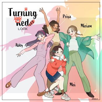 4girls abby_(turning_red) animification beanie black_hair braces brown_eyes brown_hair character_name copyright_name dark-skinned_female dark_skin disney earrings glasses hat jewelry looking_at_viewer meecosme meilin_lee miriam_(turning_red) multiple_girls open_mouth overalls pixar priya_(turning_red) purple_overalls shirt smile turning_red