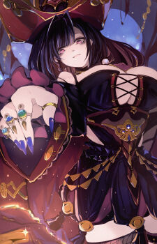 1girl azur_lane breasts bright_pupils cleavage cross-laced_clothes fingernails hat highres jewelry large_breasts long_hair nail_polish pink_eyes pirate_hat purple_nails queen_anne&#039;s_revenge_(azur_lane) sharp_fingernails shika_(shika0) solo white_pupils