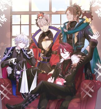 4boys absurdres animal animal_on_shoulder belt bird bird_on_shoulder black_bow black_bowtie black_gloves black_jacket black_pants black_shirt bow bowtie braid brown_hair bubby_(goldbullet) cape chest_belt cleavage_cutout clothing_cutout coat coat_on_shoulders collared_jacket compression_shirt couch creature creature_on_head creature_on_lap crimzon_ruze crossed_legs ear_piercing earrings frilled_pants frilled_sleeves frills fur-trimmed_jacket fur_trim gloves goldbullet green_cape green_scarf grin hand_on_own_hip high_collar highres holoarmis holostars holostars_english indoors jacket jewelry jurard_t_rexford large_pectorals lens_flare light_particles long_hair male_focus multicolored_hair multiple_belts multiple_boys multiple_braids necklace octavio on_couch pants pectoral_cleavage pectorals pencil_in_hair piercing pink_eyes ponytail poppet_(octavio) puppet_strings purple_eyes red_coat red_eyes red_hair ruzader_(crimzon_ruze) saaki_haruno scarf sharp_teeth shirt short_hair sitting smile sorawrity_(jurard_t_rexford) sprout sprout_on_head teeth tri_braids two-tone_hair virtual_youtuber waving waving_arm white_hair window