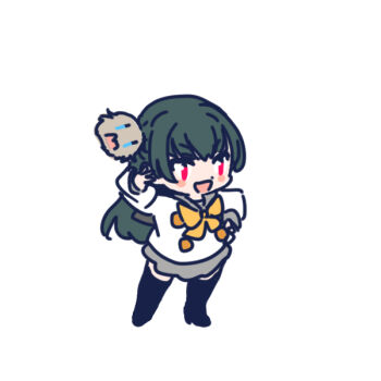 Rule 34 | 1girl, :d, black hair, black thighhighs, blush stickers, commentary request, deformed, detached hair bun, full body, grey sailor collar, grey skirt, long sleeves, love live!, love live! sunshine!!, miniskirt, open mouth, pleated skirt, red eyes, role reversal, sailor collar, school uniform, shinanoya (satanicad), shirt, simple background, skirt, smile, solo, standing, thighhighs, tsushima yoshiko, uranohoshi school uniform, v-shaped eyebrows, watanabe you, white background, white shirt, winter uniform, zettai ryouiki