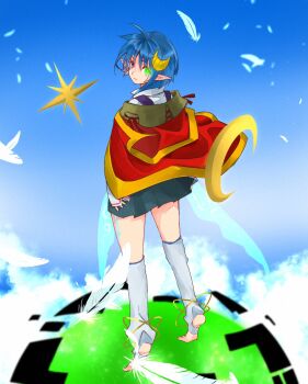 Rule 34 | 1girl, ahoge, blue eyes, blue hair, cape, closed mouth, crescent, crescent hair ornament, feathers, feet, full body, glowing, glowing eye, hair ornament, highres, looking at viewer, mayashtale, pointy ears, red cape, rena lanford, short hair, skirt, solo, star ocean, star ocean: the second story, thighhighs, toeless legwear