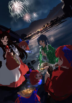 3girls absurdres aerial_fireworks animal_ears blue_bow bow bridge brooch brown_hair cloak commentary_request disembodied_head dress drill_hair drill_sidelocks eating feeding fins fireworks floating_head food grass_root_youkai_network green_kimono hair_bow head_fins highres holding holding_skewer imaizumi_kagerou japanese_clothes jewelry kimono lake long_hair long_sleeves mermaid monster_girl multiple_girls night night_sky obi open_mouth outdoors red_cloak red_eyes red_hair ribbon-trimmed_bow ribbon_trim sash sekibanki sidelocks skewer sky summer_festival takoyaki touhou ushitsuchi wakasagihime water white_dress wide_sleeves wolf_ears wolf_girl