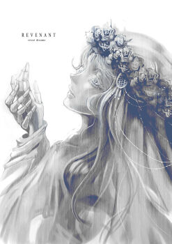 Rule 34 | 1girl, blue eyes, blue flower, commentary, doll joints, dress, elden ring, elden ring nightreign, english commentary, english text, flower, flower wreath, from side, hare (mnchr rso), head wreath, jewelry, joints, limited palette, lips, long eyelashes, long hair, looking up, nose, own hands together, parted lips, portrait, revenant (elden ring), solo, veil, white background, white dress, white hair, white veil