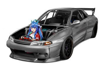 Rule 34 | 1girl, :d, @ @, absurdres, ahoge, animal ears, aqua hair, blue eyes, blue hair, bow, commentary, crossed bangs, english commentary, hair bow, heterochromia, highres, horse ears, horse girl, long hair, long sleeves, manziqr, motor vehicle, multicolored hair, name connection, nissan skyline, nissan skyline r32, object namesake, open mouth, purple eyes, sharp teeth, sidelocks, simple background, sitting, smile, solo, spoiler (automobile), steering wheel, striped bow, teeth, tracen training uniform, twin turbo (umamusume), twintails, two-tone hair, umamusume, upper teeth only, white background