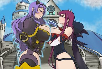 Rule 34 | 2girls, absurdres, breasts, building, camilla (fire emblem), crossed arms, fire emblem, fire emblem fates, fire emblem heroes, glowing, hands on own hips, highres, in2naps, ivy (fire emblem), large breasts, multiple girls, nintendo, stare down