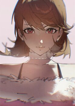 1girl absurdres bare_shoulders brown_eyes brown_hair choker closed_mouth collarbone commentary earrings flipped_hair fur-trimmed_sweater fur_trim halterneck heart heart_choker highres jewelry looking_at_viewer majinmushr83133 off-shoulder_sweater off_shoulder official_alternate_costume persona persona_3 pink_background pink_sweater short_hair solo straight-on strap stud_earrings sweater takeba_yukari upper_body white_choker