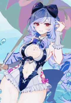 1girl bare_shoulders blue_gemstone bow bowtie breasts clothing_cutout drill_hair frilled_one-piece_swimsuit frilled_wrist_cuffs frills gem hand_in_own_hair heart_cutout highres holding holding_umbrella long_hair looking_at_viewer mole mole_under_eye multicolored_umbrella navel official_alternate_costume one-piece_swimsuit pink_bow pink_umbrella pointy_ears purple_bow purple_bowtie purple_hair red_eyes see-through_clothes sideboob_cutout smile solo splashing ss4xl stomach stomach_cutout swimsuit teeth two-tone_one-piece_swimsuit umbrella unfinished vivian_banshee vivian_banshee_(iris_of_the_shore) water wet wrist_cuffs zenless_zone_zero