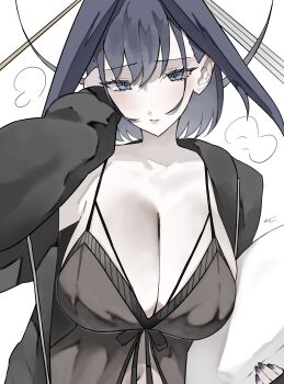 1girl absurdres alternate_costume black_hair blue_eyes blue_hair breasts chain chain_headband cleavage closed_mouth ewn hair_between_eyes hair_intakes hashtag-only_commentary highres holding holding_pillow hololive hololive_english large_breasts lingerie long_sleeves looking_at_viewer multicolored_hair nightgown ouro_kronii pillow ribbon_earrings short_hair simple_background solo underwear virtual_youtuber white_background