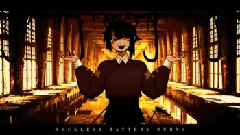 .flow 1other ambiguous_gender android animated animated_gif black_hair brown_sweater closed_eyes cruormor english_text four_eyes ghost_and_pals hookshot horns parody qualia_automata reckless_battery_burns scene_reference smile song_name sweater tail tamari_(team6x111) team6x111 undershirt uneven_bangs window x_(symbol) yellow_theme