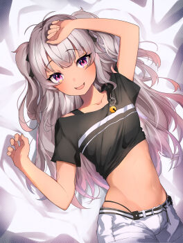 1girl absurdres black_bow black_shirt bow breasts commentary_request dark-skinned_female dark_skin fang grey_hair hair_bow highres hinataa long_hair looking_at_viewer lying matsukai_mao matsukai_mao_(1st_costume) navel nijisanji on_back open_mouth purple_eyes shirt shorts skin_fang small_breasts solo two_side_up virtual_youtuber white_shorts