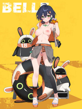 1girl ahoge bangboo_(zenless_zone_zero) belle_(zenless_zone_zero) blue_hair blue_nails blush breasts censored closed_mouth earrings eous_(zenless_zone_zero) fingernails full_body green_eyes hair_between_eyes hair_ornament hairclip highres jewelry looking_at_viewer medium_breasts mosaic_censoring nail_polish navel nipples paid_reward_available pussy short_hair sidelocks smile solo toenail_polish toenails toes variant_set waterring zenless_zone_zero