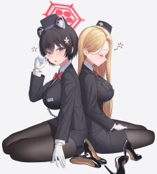 Rule 34 | 2girls, absurdres, animal ears, black eyes, black footwear, black hair, black hat, black pantyhose, black skirt, blonde hair, blue archive, blush, breasts, buttons, extra ears, gloves, hair ornament, halo, hat, high heels, highres, large breasts, long hair, long sleeves, multiple girls, official alternate costume, open mouth, pantyhose, pina (blue archive), pina (guide) (blue archive), red halo, short hair, simple background, skirt, tour guide, tsubaki (blue archive), tsubaki (guide) (blue archive), welsh (wel sh), white background, white gloves