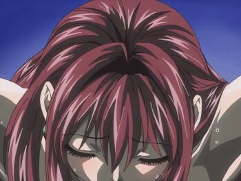 00s 1girl 2002 animated animated_gif bible_black bible_black_night_of_the_walpulgiss breasts closed_eyes collarbone earrings hetero implied_sex jewelry lipstick long_hair makeup nude open_mouth red_hair sex sex_from_behind solo sweat tagme takashiro_hiroko