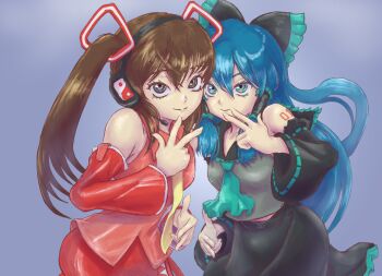 2girls adapted_costume alternate_costume alternate_hairstyle aqua_ascot aqua_eyes ascot black_bow black_skirt black_sleeves blue_hair bow brown_hair closed_mouth commentary_request cosplay costume_switch crossover detached_sleeves frilled_bow frilled_hair_tubes frilled_skirt frills hair_bow hair_tubes hakurei_reimu hakurei_reimu_(cosplay) hatsune_miku hatsune_miku_(cosplay) headphones headset jacho long_hair looking_at_viewer multiple_girls necktie number_tattoo purple_background red_skirt red_sleeves ribbon-trimmed_sleeves ribbon_trim skirt smile tattoo touhou twintails very_long_hair vocaloid w yellow_necktie yin_yang