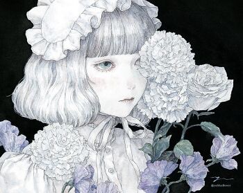 Rule 34 | 1girl, black background, blue eyes, blunt bangs, dress, expressionless, flower, looking to the side, original, painting (medium), pale skin, ringo komachi, short hair, solo, traditional media, upper body, watercolor (medium), white dress, white hair
