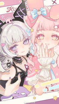 2girls animal_ear_hairband animal_ears aqua_nails bead_necklace beads black_bow black_hairband black_shirt blue_bow blue_bowtie blunt_bangs bow bow_earrings bow_tattoo bowtie capelet cheek_tattoo chinese_commentary choker closed_mouth clothing_cutout collarbone collared_shirt commentary_request cosplay cursor earrings eyelashes fake_animal_ears food-themed_earrings food-themed_hair_ornament food_themed_earrings frilled_bow frilled_wrist_cuffs frills gradient_background gradient_eyes grey_hair hair_bow hair_ornament hairband hairclip halftone hand_on_own_chin happy heads_together heart heart_earrings heart_print highres jewelry kuromi kuromi_(cosplay) lace-trimmed_capelet lace-trimmed_choker lace_trim large_bow lipstick lolita_fashion long_hair loose_hair_strand makeup mismatched_earrings multicolored_eyes multicolored_nails multiple_girls my_melody my_melody_(cosplay) my_melody_(series) mystical_kuromi_(shining_nikki) nail_art necklace nikki_(series) one_ear_down open_mouth outside_border picture_frame pink_background pink_bow pink_capelet pink_eyes pink_hair pink_lips pink_nails pink_ribbon print_capelet puffy_short_sleeves puffy_sleeves purple_background purple_choker purple_eyes purple_nails rabbit_ears ribbon sanrio shining_nikki shirt short_sleeves shoulder_cutout skull_hair_ornament sleeve_ribbon smile smirk sparkle star_(symbol) strawberry_earrings strawberry_hair_ornament strawberry_my_melody_(shining_nikki) stuffed_animal stuffed_rabbit stuffed_toy tattoo teeth two-tone_background two-tone_eyes upper_body watermark wavy_hair weibo_watermark white_background white_shirt white_wrist_cuffs wrist_bow wrist_cuffs xiaoyu_qixing yellow_eyes