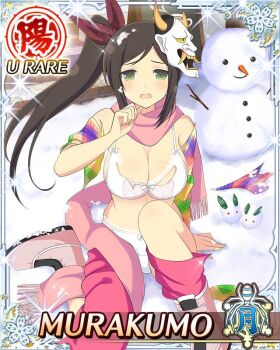 1girl :o blush boots border bow bow_bra bow_panties bra breasts brown_hair card_(medium) character_name game_cg green_eyes hair_ribbon hannya knee_up large_breasts long_hair looking_at_viewer mask mask_on_head murakumo_(senran_kagura) noh_mask official_art outdoors panties pants pink_boots pink_scarf red_ribbon ribbon scarf senran_kagura senran_kagura_new_wave side_ponytail sitting snow snow_on_head snowman solo third-party_source torn_clothes torn_coat torn_pants underwear white_bra white_panties winter_clothes