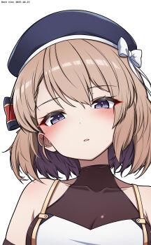 1girl absurdres artist_name azur_lane bare_shoulders beret black_hat blush bow breasts brown_hair dated dress hair_between_eyes hat hat_bow head_tilt highres looking_at_viewer medium_breasts parted_lips purple_eyes rock_zinc see-through_cleavage see-through_clothes simple_background solo striped_bow upper_body white_background white_bow white_dress z23_(azur_lane)