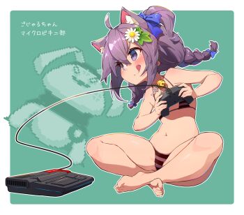 1girl absurdres ahoge animal_ear_fluff animal_ears barefoot bell bikini blue_ribbon brown_bikini cat_ears cat_girl character_request controller crossed_legs flower full_body game_console game_controller hair_flower hair_ornament hair_ribbon highres holding holding_controller holding_game_controller jingle_bell leaning_to_the_side looking_ahead mefuchan micro_bikini navel neck_bell original purple_eyes purple_hair ribbon shadow short_twintails simple_background solo stomach swimsuit toes tongue tongue_out twintails virtual_youtuber