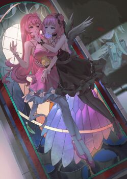 2girls absurdres black_dress black_nails breasts character_doll cleavage commentary crying crying_with_eyes_open doll dorothy_(nikke) dorothy_(nostalgia)_(nikke) dress english_commentary feathered_wings floating frown goddess_of_victory:_nikke highres long_hair looking_at_another monitor multiple_girls pantyhose pink_dress pink_hair pink_nails pinne_(nikke) purple_eyes shouyou_(egcr8334) stained_glass stuffed_toy tears white_pantyhose wings