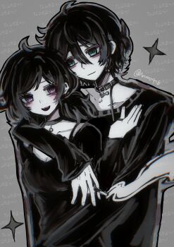 1boy 1girl :d absurdres andrew_graves anmo418 arm_around_shoulder ashley_graves bags_under_eyes belt_collar black_choker black_hair black_outline black_shirt black_sweater bone_ornament bra_strap breasts brother_and_sister chinese_commentary choker chromatic_aberration cigarette cleavage closed_mouth collar collarbone commentary_request green_eyes grey_background hair_between_eyes hand_up highres holding holding_cigarette holding_leash hug hug_from_behind leash looking_at_another low_side_ponytail medium_breasts medium_hair messy_hair open_mouth outline pink_eyes raised_eyebrows shirt short_hair siblings smile smoke smoke_trail spot_color star_(symbol) sweater teeth the_coffin_of_andy_and_leyley twitter_username upper_body upper_teeth_only