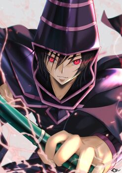 1boy absurdres armor black_armor black_hair budgiepon code_geass commentary cosplay dark_magician dark_magician_(cosplay) fighting_stance foreshortening geass glowing glowing_eyes grey_background hair_between_eyes highres holding holding_staff lelouch_vi_britannia long_sleeves looking_at_viewer male_focus parted_lips red_eyes short_hair simple_background smile solo staff upper_body v-shaped_eyebrows wide_sleeves yu-gi-oh!
