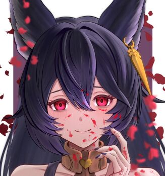 1girl animal_ear_piercing animal_ears bare_shoulders black_hair black_nails blood blood_on_face blood_on_hands choker closed_mouth commentary_request erune granblue_fantasy hair_between_eyes hilda_sakura light_blush light_smile long_hair looking_at_viewer nail_polish nier_(granblue_fantasy) petals piercing portrait purple_background red_eyes simple_background solo string string_of_fate white_background