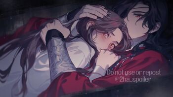 2boys black_background black_hair black_nails blush brown_eyes brown_hair chinese_clothes eyepatch galbae hand_on_another&#039;s_back hand_on_another&#039;s_head hanfu hua_cheng long_hair looking_to_the_side lying lying_on_person male_focus multiple_boys nail_polish necklace on_back open_mouth red_eyes red_hanfu red_robe robe silver_necklace simple_background stuck_in_a_box tianguan_cifu white_hanfu white_robe xie_lian yaoi
