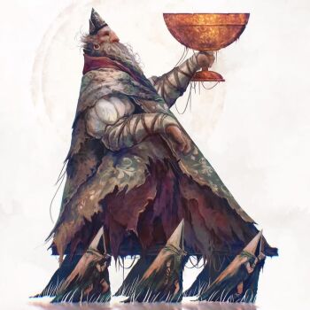 Rule 34 | 1boy, 6+others, alexandre chaudret, beard, carrying, carrying person, chalice, cup, earrings, facial hair, geometry, giant, holding, holding cup, hood, hood up, jewelry, math, multiple others, original, slave, torn clothes, triangle