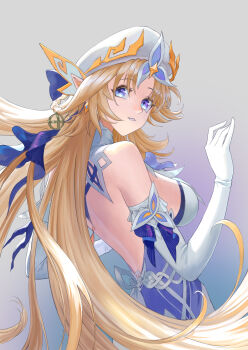 1girl absurdres backless_dress backless_outfit bare_shoulders beret blonde_hair blue_dress blue_eyes breasts cross-shaped_pupils dress elbow_gloves genshin_impact gloves gradient_background greanleaf hashtag-only_commentary hat highres long_hair medium_breasts multicolored_dress nicole_reeyn parted_lips simple_background solo symbol-shaped_pupils upper_body white_dress white_gloves white_hat