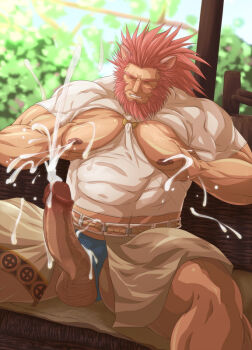1boy animal_ears bara bare_pectorals beard blue_male_underwear caineghis_(fire_emblem) censored closed_eyes clothing_aside clothing_cutout commentary_request cum ejaculation erection facial_hair fire_emblem fire_emblem:_path_of_radiance handsfree_ejaculation large_pectorals large_penis large_variant_set male_focus male_lactation male_underwear male_underwear_aside mosaic_censoring muscular muscular_male nintendo nipples nisetetsuo pectorals penis penis_out pointless_censoring red_hair sitting solo testicles underwear variant_set