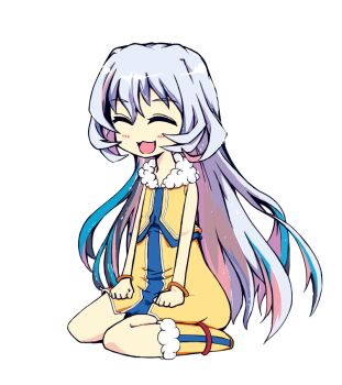 1boy :3 ^_^ anklet ao_ran aries_(yasei_no_last_boss) bare_arms blue_hair blue_trim blush boots bracelet closed_eyes deformed dress flipped_sidelocks full_body fur-trimmed_boots fur-trimmed_vest fur_trim hair_between_eyes hands_on_own_thighs invisible_floor inward_flipped_hair jewelry long_hair male_focus multicolored_hair open_mouth sidelocks simple_background sitting sleeveless smile solo streaked_hair trap very_long_hair vest wariza white_background white_hair white_trim yasei_no_last_boss_ga_arawareta yellow_boots yellow_dress yellow_vest