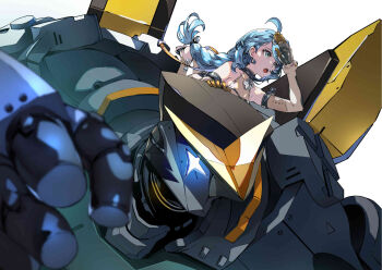 1girl 1other aji_0 bare_shoulders blue_eyes blue_hair detached_sleeves flower_hairpin from_side gloves glowing glowing_eyes hair_ornament hairpin highres humanoid_robot joints mecha mechanical_arms open_mouth ponytail robot salute see-through_dress_layer seed_(zenless_zone_zero) seed_sr. teeth tongue upper_teeth_only white_background white_gloves zenless_zone_zero