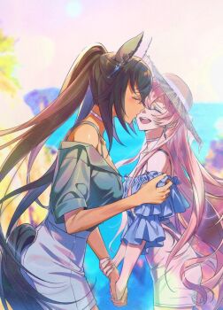 2girls :d absurdres animal_ears artist_self-insert bare_shoulders black_hair black_tail blue_shirt blush choker closed_eyes clothing_cutout commentary_request comore_juna_(murangee) cowboy_shot dark-skinned_female dark_skin female_trainer_(umamusume) frilled_shirt frills happy hat high-waist_skirt highres holding_another's_wrist holding_hands horse_ears horse_girl horse_tail kiss korean_commentary long_hair multiple_girls murangee oc_x_canon ocean off-shoulder_shirt off_shoulder open_mouth original outdoors pink_hair ponytail shirt short_sleeves skirt smile standing sun_hat symboli_kris_s_(umamusume) tail tail_through_clothes trainer_(umamusume) umamusume white_skirt yuri