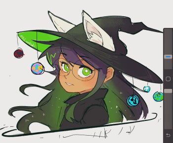 1girl animal_ears black_hair black_hat dog_ears god_tier_(homestuck) gradient_hair green_eyes green_hair hat highres homestuck jade_harley kl_oekaki long_hair looking_at_viewer multicolored_hair parted_lips planet simple_background solo upper_body very_long_hair white_background witch_hat