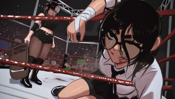 absurdres black-framed_eyewear broken_glasses chair colored_bangs e-kid_fashion glasses goth_fashion highres idontknowhowtotag mika_(veyonis) pleasetagme rosen_(veyonis) tagme thighhighs thighs veyonis wrestling wrestling_ring yuri