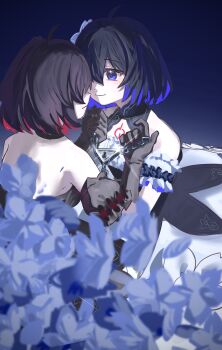 Rule 34 | 2girls, ahoge, black dress, black gloves, blue eyes, blue flower, blue hair, chain, closed mouth, dress, dual persona, duoyun de tiankong, flower, gloves, hair flower, hair ornament, highres, honkai (series), honkai impact 3rd, lock, looking at another, multiple girls, red hair, seele (alter ego), seele vollerei, seele vollerei (stygian nymph), smile, tattoo, white dress, white flower