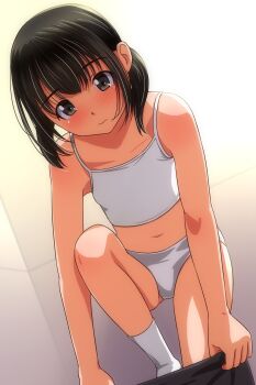 1girl absurdres black_hair blush bra breasts brown_eyes closed_mouth commentary_request highres matsunaga_kouyou original panties small_breasts socks solo underwear underwear_only white_bra white_panties white_socks