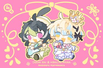 Rule 34 | 2boys, alternate costume, black bow, black hair, blonde hair, blue eyes, blue hair, blush stickers, bow, character name, colored tips, crown, dress, english text, green dress, green hair, guitar, hair bow, hat, hibachi mana, highres, holding, holding guitar, holding instrument, holding microphone, inami rai, instrument, looking at viewer, male focus, microphone, multicolored eyes, multicolored hair, multiple boys, nijisanji, open mouth, pink background, pink hair, purple dress, ribbon, shuxingbuming moxiaobai, simple background, smile, two-tone eyes, virtual youtuber, yellow eyes, yellow hat, yellow ribbon