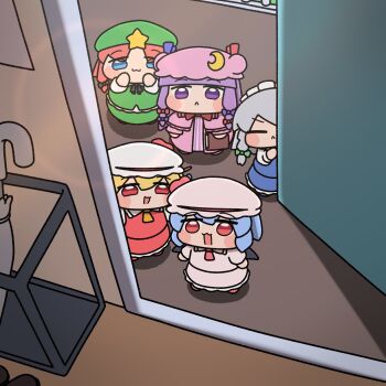 5girls :3 blonde_hair blue_dress blue_eyes blue_hair blush chibi closed_eyes dress flandre_scarlet green_dress grey_hair hat highres hong_meiling izayoi_sakuya multiple_girls open_mouth patchouli_knowledge pink_dress pink_hat purple_dress purple_eyes purple_hair purple_hat red_dress red_eyes red_hair remilia_scarlet short_hair smile touhou white_hat y75zei