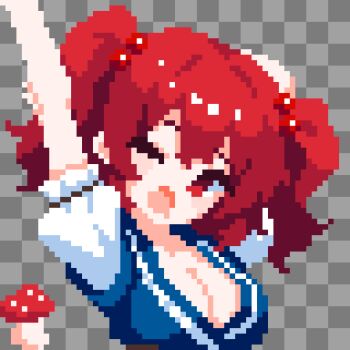 1girl ;o arms_up blush breasts checkered_background cleavage commentary grey_background hair_bobbles hair_ornament highres looking_at_viewer mushroom one_eye_closed onozuka_komachi outstretched_arm pixel_art red_eyes red_hair short_sleeves solo takeez3 touhou two_side_up yawning