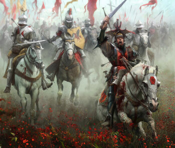 6+boys a_song_of_ice_and_fire aegor_rivers armor arrow_(projectile) blood blue_sky daemon_blackfyre flower full_armor full_body greaves highres holding holding_mace holding_polearm holding_shield holding_sword holding_weapon horse horseback_riding knight mace multiple_boys open_mouth outdoors pauldrons polearm quentyn_ball red_flower riding shield shoulder_armor sky sword thrax weapon white_horse