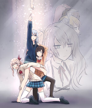 1other 25-ji_miku 25-ji_nightcord_de._(project_sekai) 4girls akiyama_mizuki asahina_mafuyu black_pantyhose blank_eyes blue_eyes blue_hair blue_jacket blue_skirt brown_hair cardigan collared_jacket commentary hatsune_miku highres jacket long_hair long_sidelocks long_sleeves miniskirt multiple_girls narrative_formation pantyhose parody_request parted_lips pink_hair plaid_clothes plaid_skirt pleated_skirt ponytail project_sekai reaching reaching_towards_another shinonome_ena short_hair sidelocks skirt thighhighs vocaloid white_cardigan white_thighhighs yoisaki_kanade yukitake_(bullfalk) zettai_ryouiki