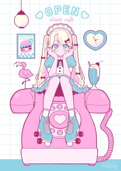 1girl absurdres antique_phone aqua_dress bird blonde_hair bow clock closed_mouth dot_mouth dress flamingo full_body hair_between_eyes hair_bow hand_rest happy_(happi_illust) highres knees_together_feet_apart long_hair looking_at_viewer maid_headdress original parted_bangs phone pigeon-toed polka_dot polka_dot_dress puffy_short_sleeves puffy_sleeves roller_skates rotary_phone short_sleeves sitting skates socks solo straight-on twintails white_socks